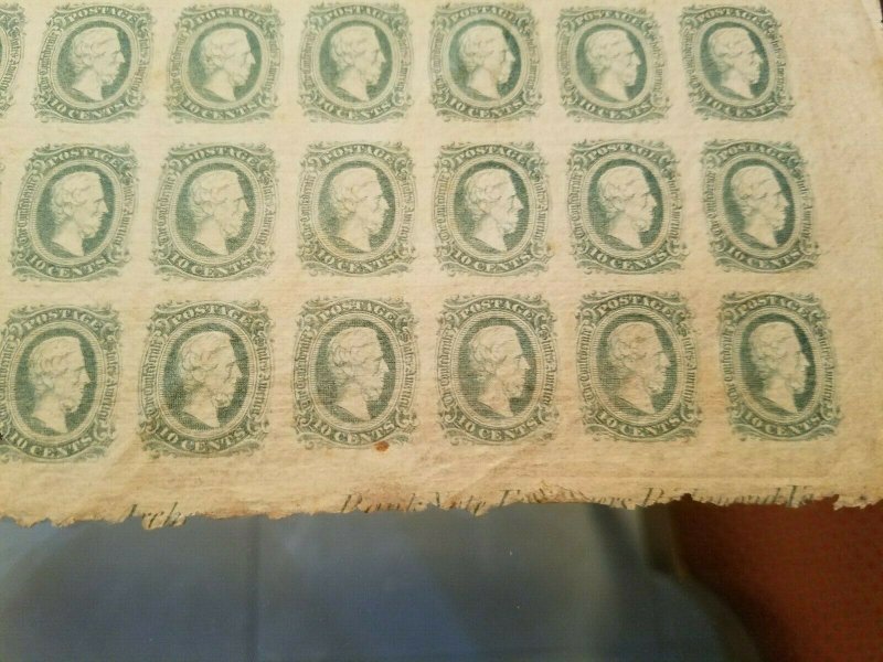 Confederate States 11 Archer & Daley HORIZ TEXTILE MARKS VAR Sheet of 200 Stamps
