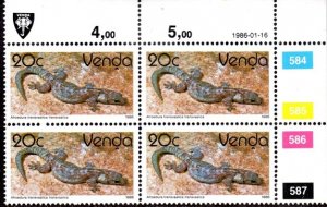 Venda - 1986 Reptiles 20c 1986.01.16 Plate Block MNH** SG 133
