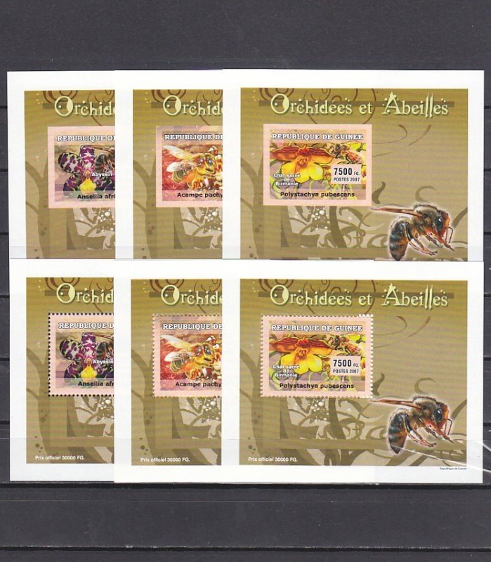 Guinea, 2007 issue. Bees & Orchids, Perf & Imperf on 6 Deluxe s/sheets. ^