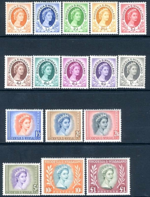 RHODESIA & NYASALAND-1954-56 Set to £1 Sg 1-15 MOUNTED MINT  V15289