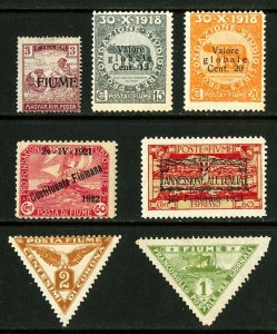 Fiume Fivme #4 / #P4 1916-1924 Small Assortment of 7, Mint Hinged.