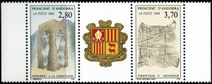 Andorra French #435a Pair with Label MNH - Constitution Monument (1994)