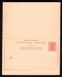 ERITREA 1899 7 1/2c + 7 1/2c POSTAL REPLY CARD Attached Mailed to Germany