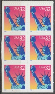 3122Eg, Blk of 6 W/PL#V1111 Statue of Liberty MNH, .32 cent-Die Cut 11.5 X11.8