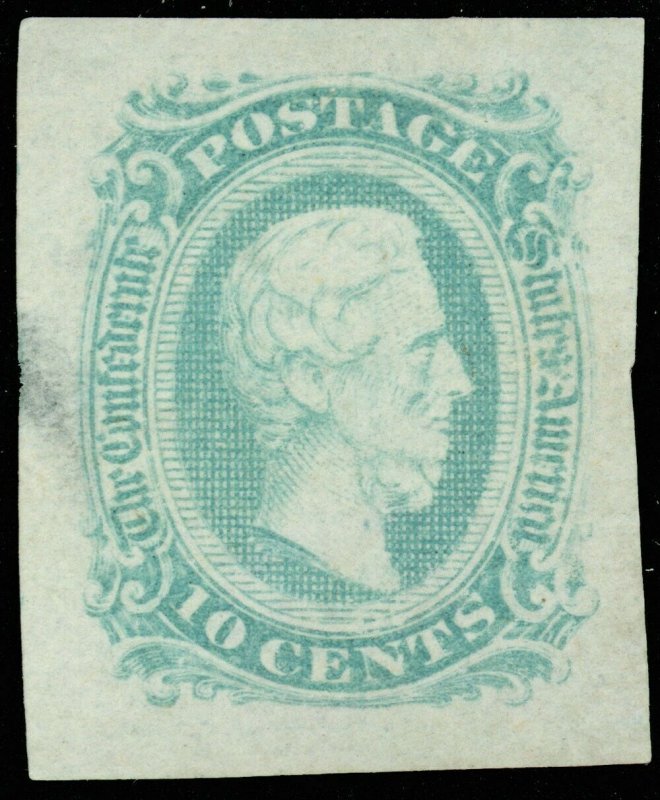 1863 CIVIL WAR Stamp, Unused, Thin at Left, SCOTT CSA #11c Greenish Blue SCV #30 