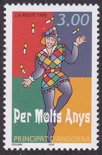 French Andorra # 489, Happy Anniversary - Juggler, NH, 1/2 Cat