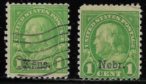 Scott # 658 & # 669  Lot E382  1c Franklins  Kans & Nebr overprints  Used