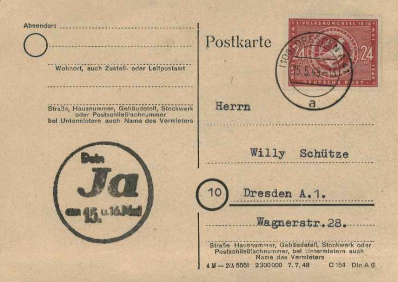 Germany Soviet Zone 24pf 3rd German People's Congress 1949 (10a) Dresden A41 ...