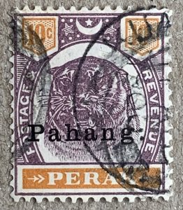 Pahang 1898 10c Tiger, with KUANTAN 11 AU 1900 cds. Scott 16, CV $32.50, SG 19