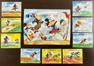 Anguilla Disney Mickey Mouse  1984 Los Angeles Olympics S/S  & 9 stamps