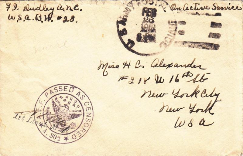 1918, APO 732, Base Hospital #32, Nurse's Mail, Censored, See Remark (M1172)