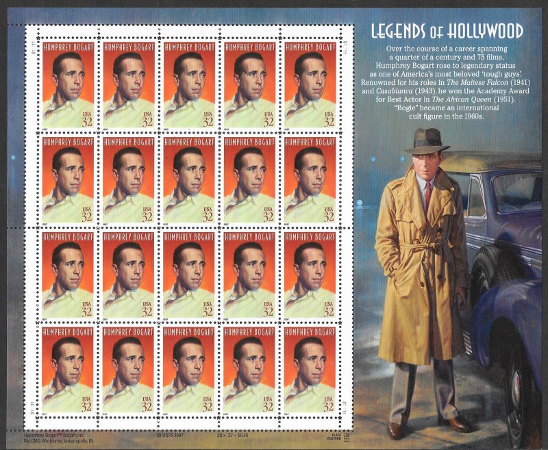 US 3152 MNH Pane - Legends of Hollywood - Humphrey Bogart (1899-1957) - Actor