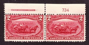 US 286 2c Trans-Mississippi Mint Plate #734 Top Pair F-VF OG NH SCV $160