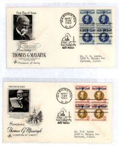 US 1147-48 1960 Thomas Masaryk set of two (Champions of Liberty series) blocks of 4 on two addressed (typed) FDCs with Artcraft