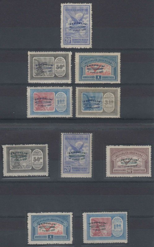 ARGENTINA 1930 GRAF ZEPPELIN Sc C20-C29 TWO FULL SETS HINGED MINT F,VF SCV$1,091