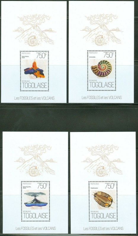 TOGO 2013 FOSSILS AND VOLCANOES  SET OF  FOUR SOUVENIR SHEETS MINT NH