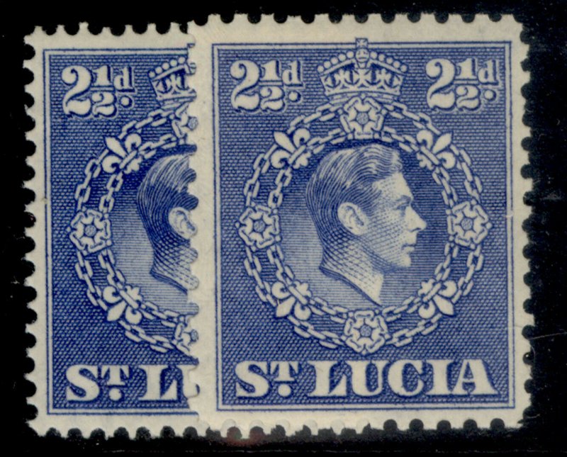 ST. LUCIA GVI SG132 + 132a, 2½d PERF VARIETIES, M MINT.