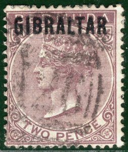 GIBRALTAR Overprint QV Classic SG.3 2d Purple-Brown (1886) Used Cat £90 BLUE146