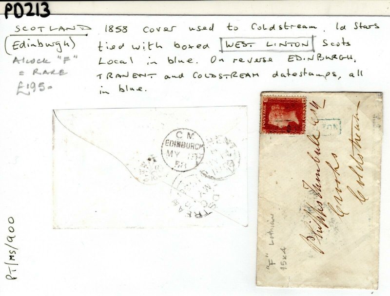 GB Scotland Cover Blue *WEST SALTON* Scots Local RARE Tranent 1d Red 1858 PD213 