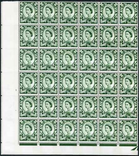 XS21 9d Bronze Green No Wmk 2 Violet Phosphor Bands Cyl 1 No Dot Block 72 