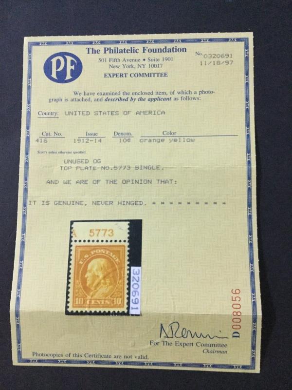 MOMEN: US STAMPS #416 PLATE SINGLE MINT OG NH VF/XF JUMBO PF CERT LOT #88259