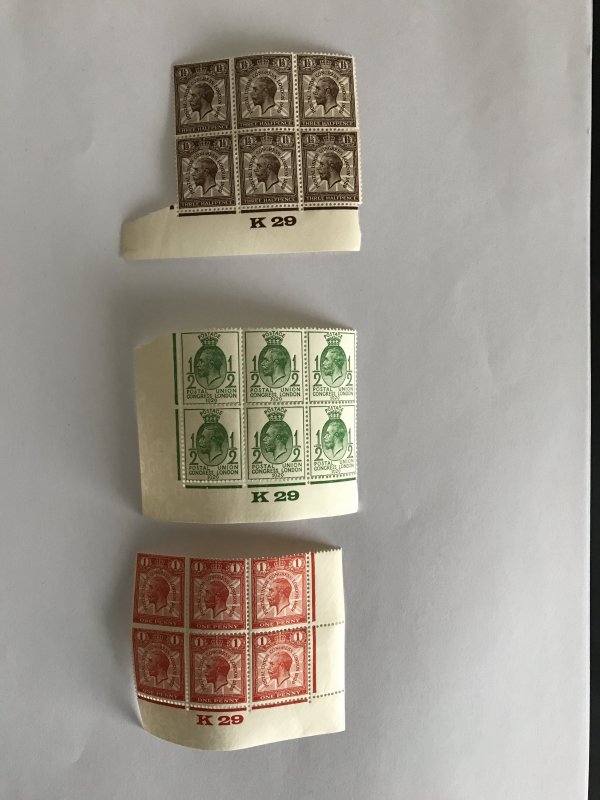 GB 1929 PUC Three Control Number Blocks MM Of 6 Stamps.