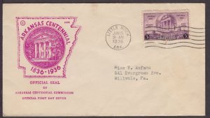 1936 ARKANSAS 100 years Sc 782-51f 1st Arkansas Centennial Commission cachet