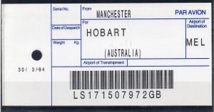 GB / AUSTRALIA, 1994 AIR MAIL Bag Label, MANCHESTER to HOBART, (30/03/94). `72GB