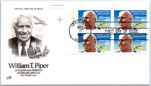 US FIRST DAY COVER WILLIAM T. PIPER 40c AIRMAIL AVIATION PIONEER ARTCRAFT CACHET