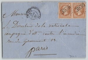 France 1863 10c bistre Napoleon Pair Folded Cover Thiers to Paris