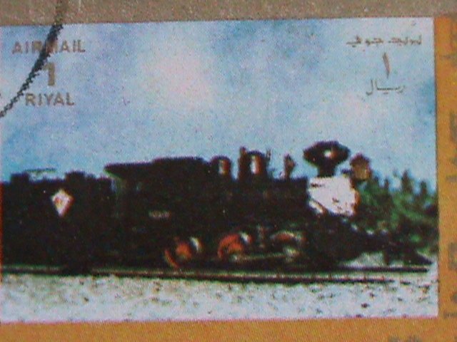 ​UMM AL QIWAIN-1973 WORLD FAMOUS TRAINS CTO MINI SHEET VERY FINE