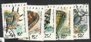 Tanzania; Scott 940-943, 945;  1992;  Precanceled; NH; Seashells