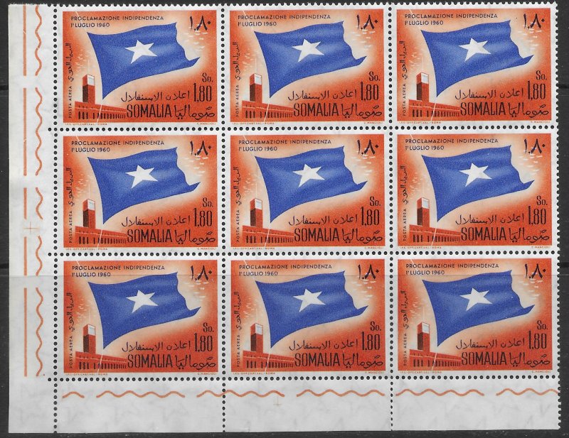 Somalia #243,244,C70,C71.  MNH Corner Blocks of 9.  Somalia Independence 1960