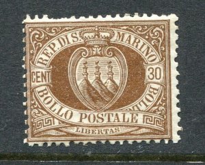 San Marino 1877 Sc 15 Mi 4 30 c brown MH Key St 2 short perf at top CV$1000 649