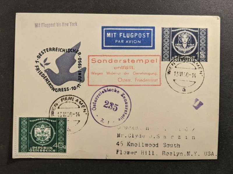 1950 Vienna Austria FDC Airmail Censored Cover Roslyn NY USA H and G P39 150