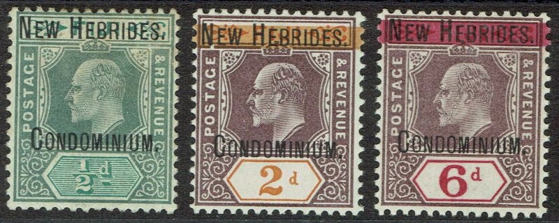 NEW HEBRIDES 1908 KEVII 1/2D 2D AND 6D WMK CROWN CA