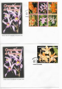 NICARAGUA 2005 ORCHIDS, FLOWERS, FLORA. SET OF 6 + SOUVENIR SHEET ON 2 FDC