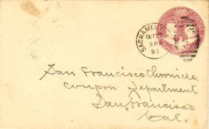 United States California Sacramento 1893 numeral duplex  2c Columbian Envelop...