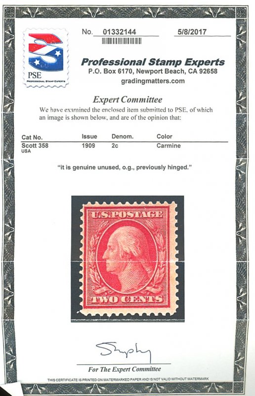 U.S #358 MINT OG LH with APS Cert