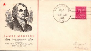 FDC 1938 SC #808 Linprint Cachet - Washington DC - Single - J738