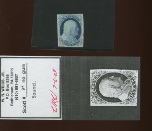 9 Franklin Imperf Unused Stamp with Weiss Cert (By 1213)