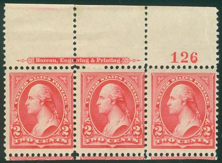 USA : 1895. Scott #251 Mint. Imprint Plate # Strip of 3. PO Fresh perfect NH gum