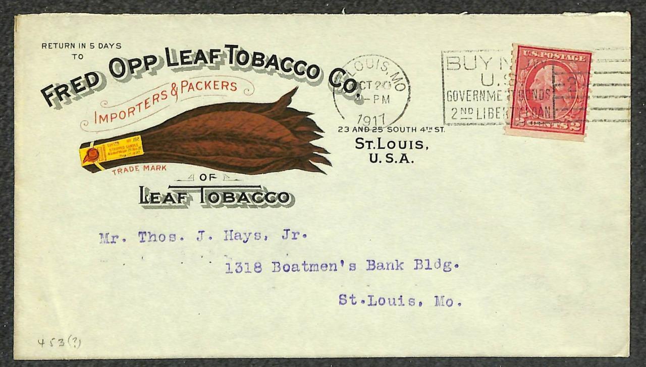USA #492 Stamp Fred OPP Leaf Tobacco ST. Louis Missouri Advertising ...