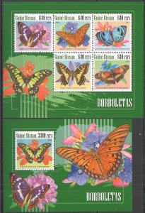 HM0796 2018 GUINEA-BISSAU BUTTERFLIES FAUNA INSECTS FLOWERS #10173-8+BL1751 MNH