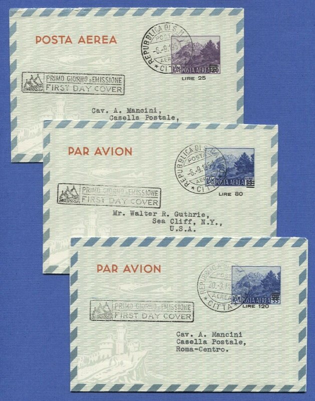 X437 - SAN MARINO Italy 1951-52 Three Revalued Aerogrammes FDC, Michel LF5-7