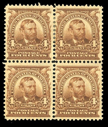 United States, 1902-3 #303 Cat$230, 1902 4c brown, block of four, hinge remnant