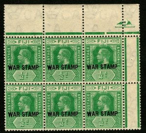 ES-1386 FIJI 1916 WAR TAX STAMPS KGV SCOTT MR1 1/2p GREEN CONTROL BLOCK MNH $20