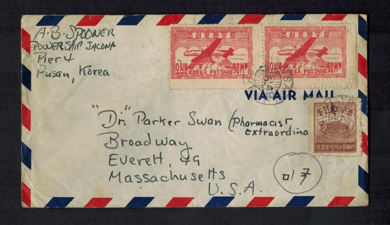 1949 Pusan South Korea Cover to USA Sailor Power Ship Jacona Scarce!