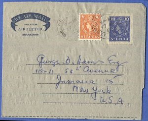 ST LUCIA 1960 Uprated QE 10c Air Letter + 6c used to USA