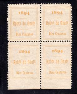 Guatemala Revenue block of 4, MNH, 10 centavos, typographed, unknown printer